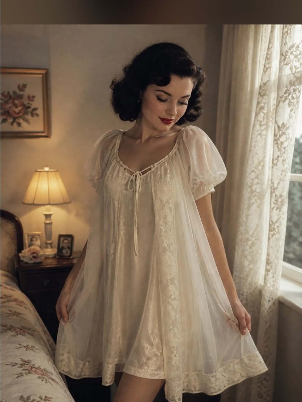 Miss Elaine Sheer Ivory Lace-Trim Chemise